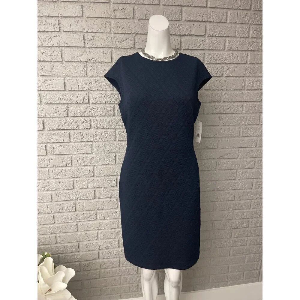Donna Morgan Women Navy Blue Textured Cap Sleeve Sheath Dress Size 6 NWT